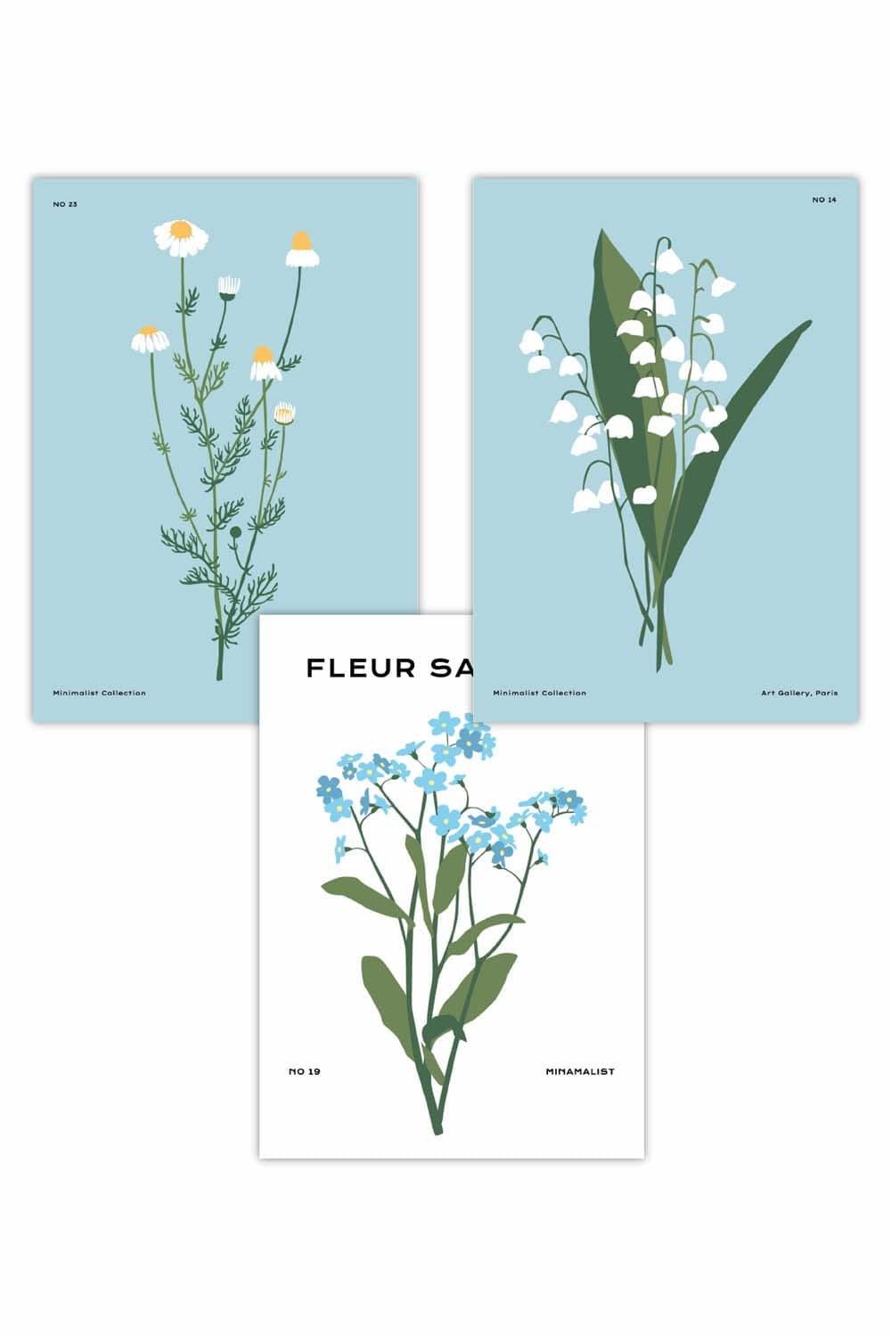 Set of 3 Vintage Graphical Blue Spring Wild Flower Market Art Posters